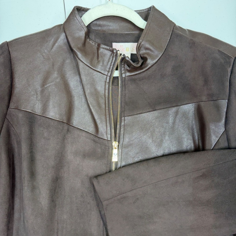 Belle Kim Gravel Womens 1X Brown Patchwork Faux Leather Suede Bomber Jacket QVC‎